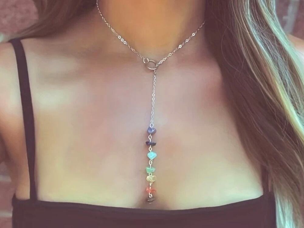 Silver Chakra Lariat Y Necklace Rainbow Stone Boho Spiritual Jewelry